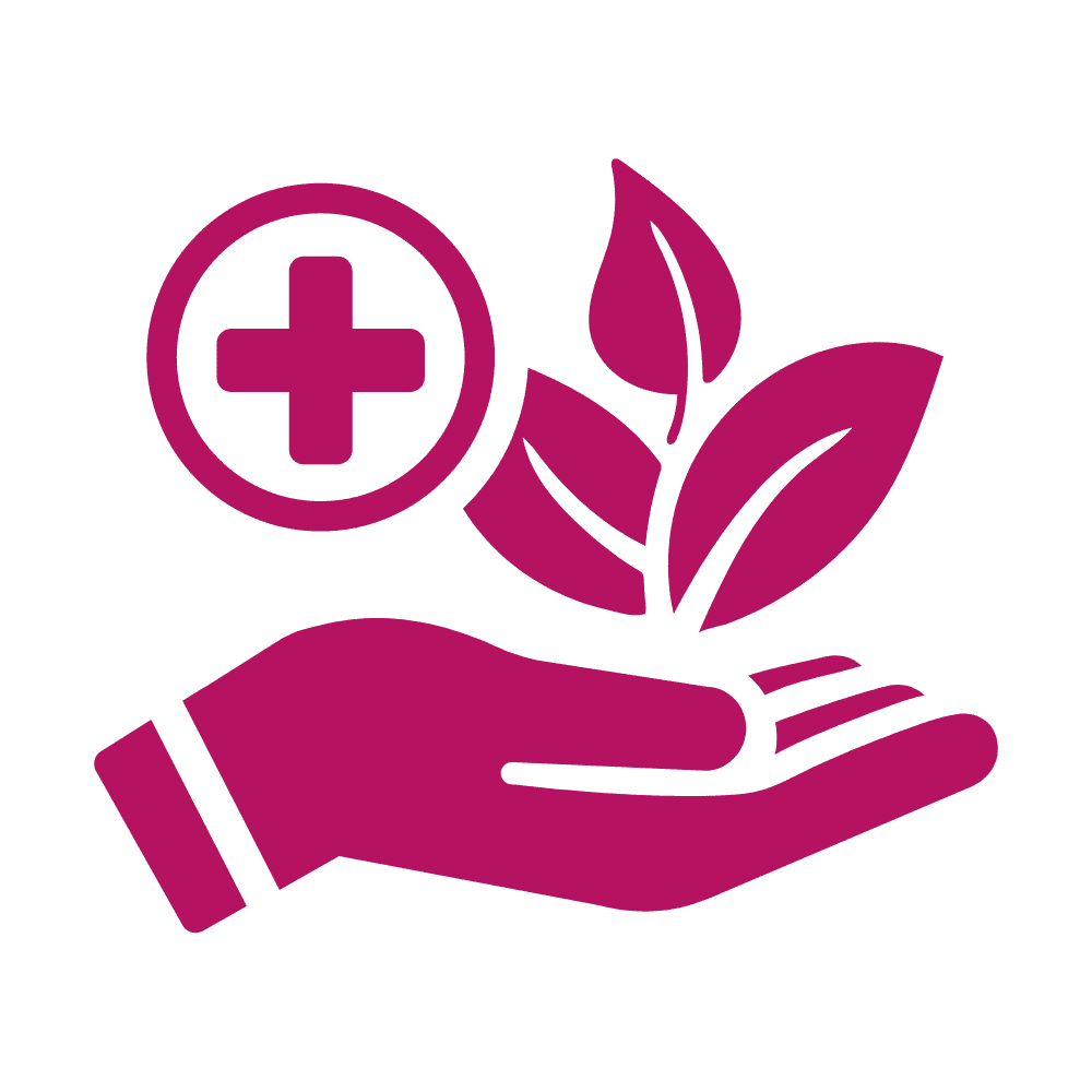 Symbolgrafik in Magenta: Eine geöffnete Hand hält stilisierte Blätter, darüber ein Kreis mit einem medizinischen Kreuz. Die Darstellung steht sinnbildlich für eine ganzheitliche, naturverbundene und gesundheitsfördernde medizinische Betreuung. Das Bild wird auf der Website der Hausärztin Claudia Müller als Symbol für den Bereich Homöopathie verwendet.